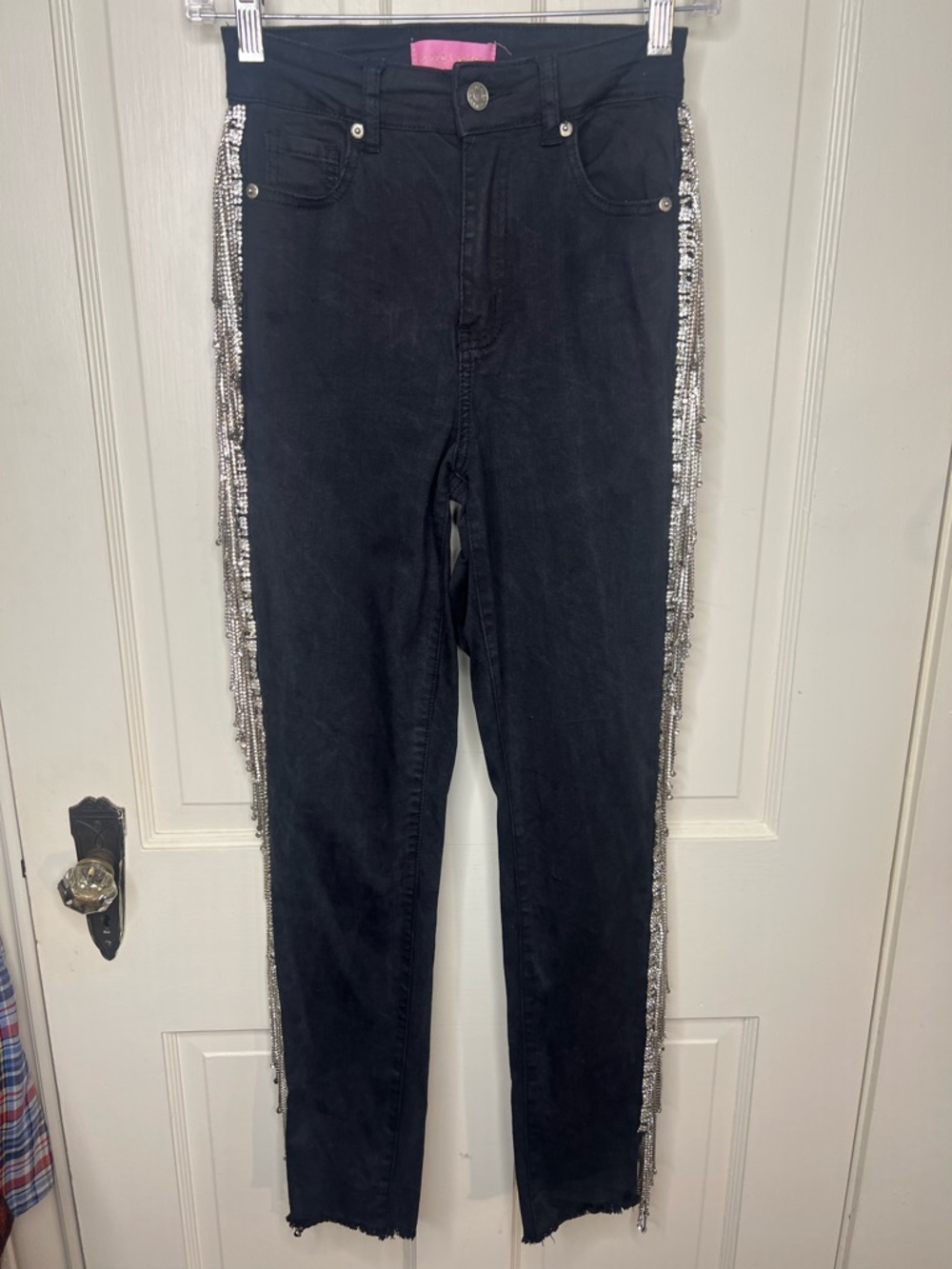 Azalea Wang We Boomin Rhinestone Fringe Trim Black High Rise Jeans Sz 5/26
